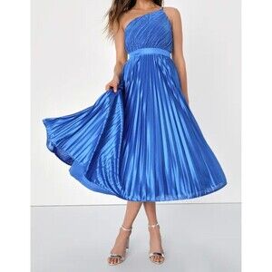 Lulu's Alluring Marvel Royal Blue Pleated Satin One-Shoulder Midi Dress LARGE